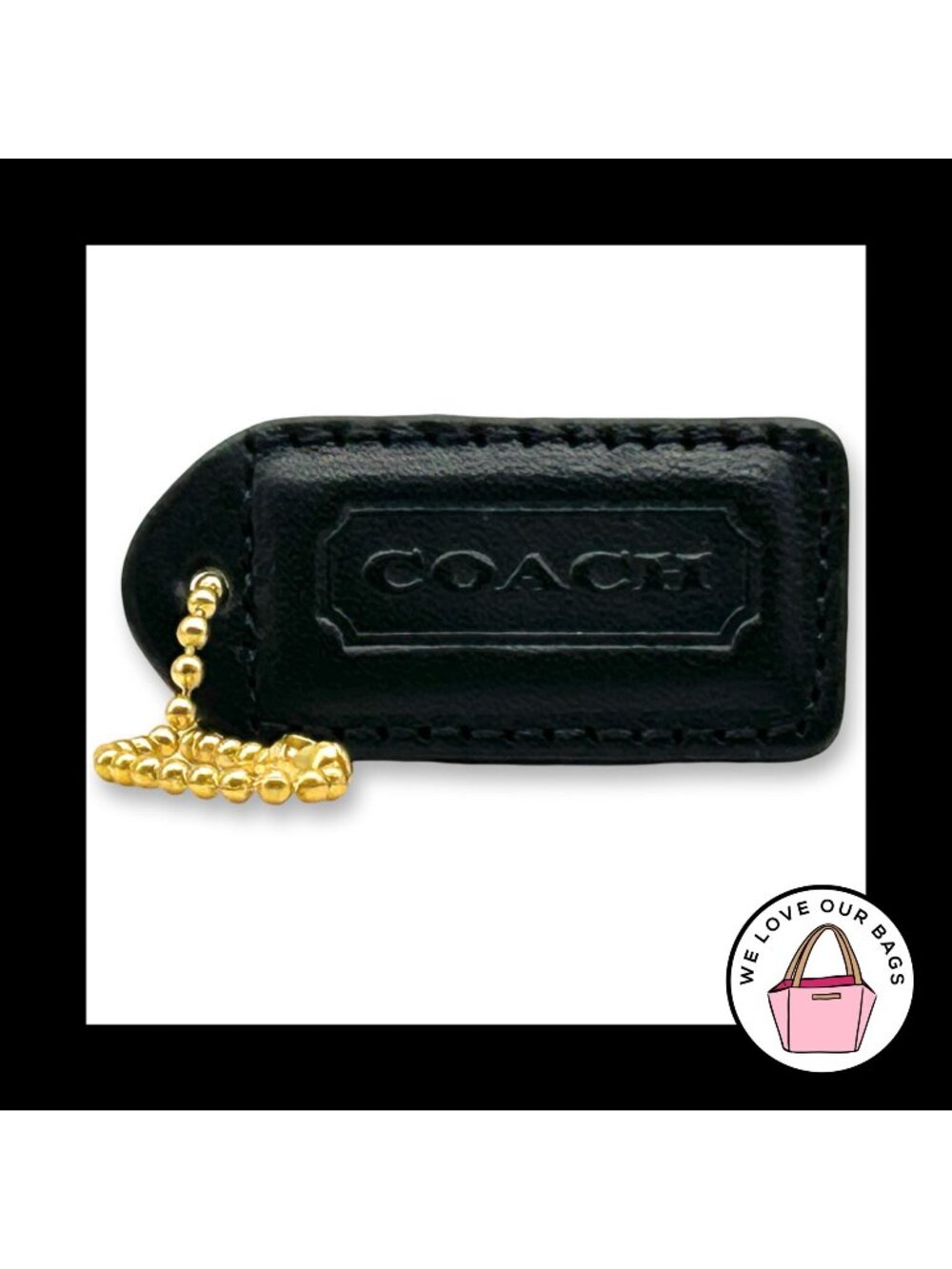 COACH Y2K VINTAGE Hang Tag 2" Black Bag Charm Keychain Fob Leather Brass Medium